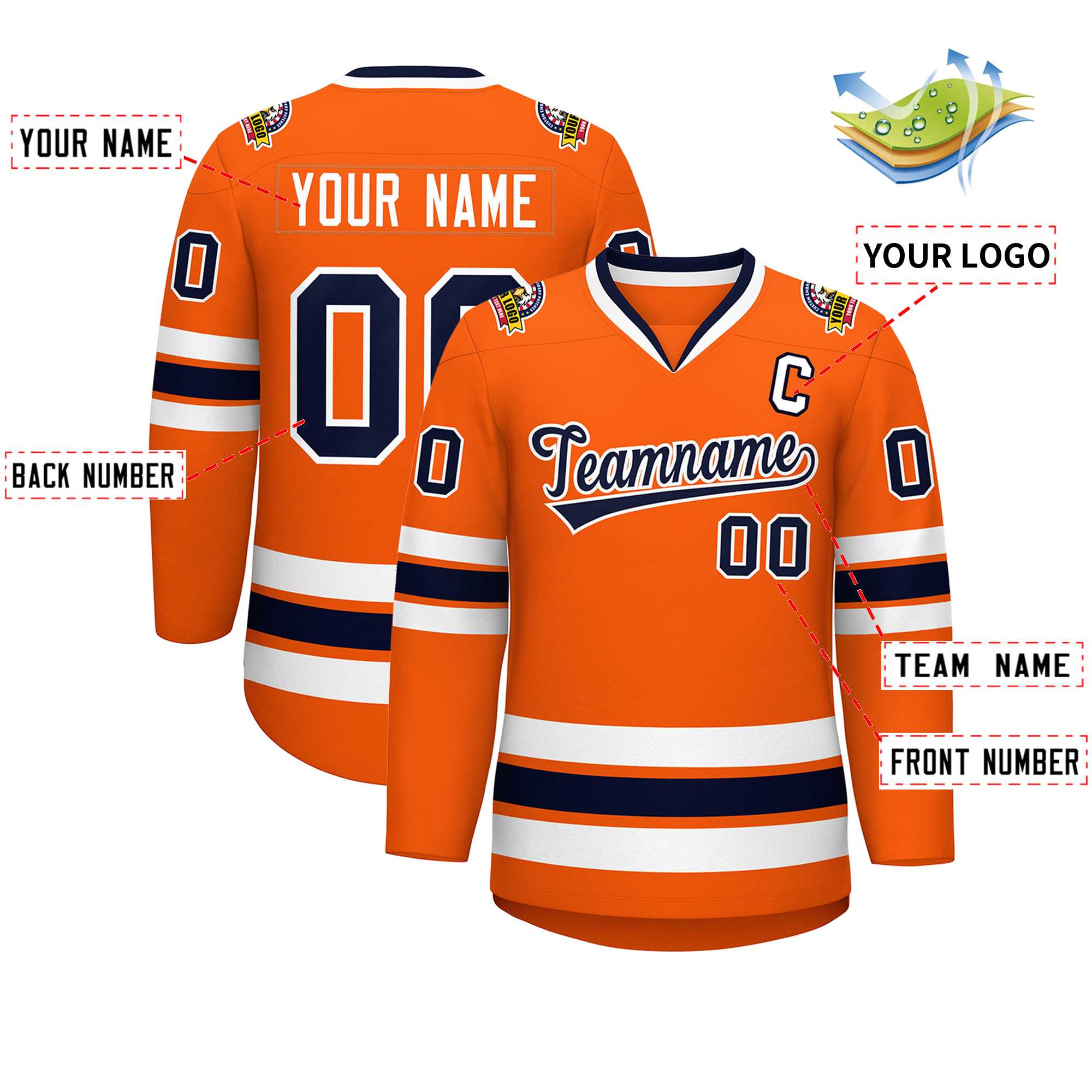 Maillot de hockey de style classique orange marine-blanc personnalisé