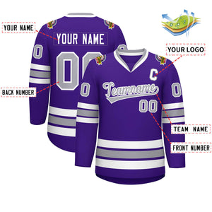 Custom Purple Gray-White Classic Style Hockey Jersey