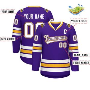 Custom Purple White Purple-Gold Classic Style Hockey Jersey