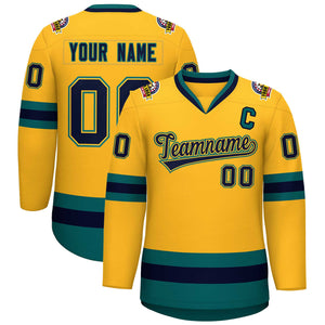 Custom Gold Navy Gold-Aqua Classic Style Hockey Jersey