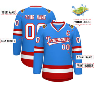 Maillot de hockey de style classique bleu poudre blanc-rouge personnalisé