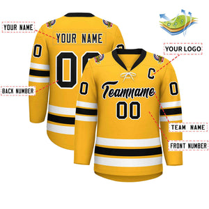 Custom Gold Black-White Lace-Up Neck Hockey Jersey