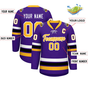 Custom Purple Yellow-White Lace-Up Neck Hockey Jersey