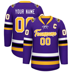 Custom Purple Yellow-White Lace-Up Neck Hockey Jersey