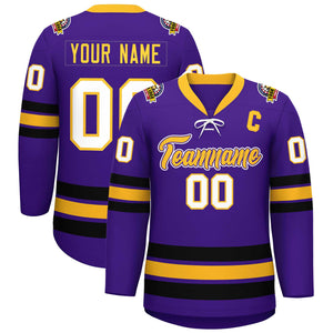 Custom Purple Yellow-Black Lace-Up Neck Hockey Jersey