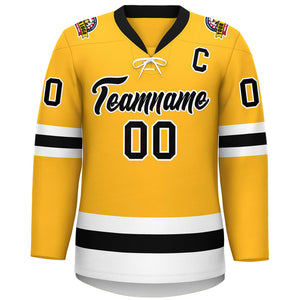 Custom Gold Black-White Lace-Up Neck Hockey Jersey