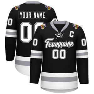 Custom Black White-Gray Lace-Up Neck Hockey Jersey