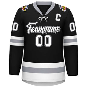 Custom Black White-Gray Lace-Up Neck Hockey Jersey