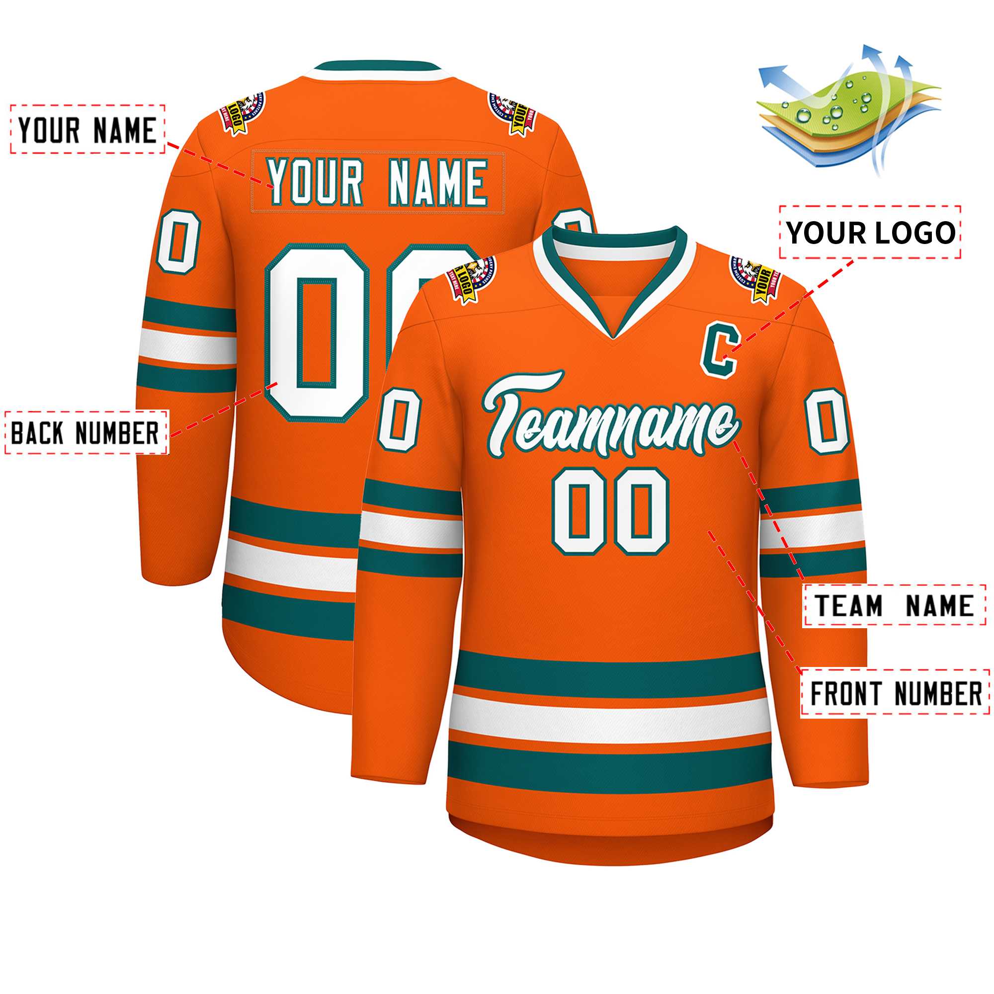 Maillot de hockey de style classique orange blanc-aqua personnalisé