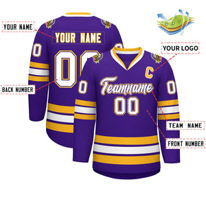 Custom Purple White Purple-Gold Classic Style Hockey Jersey