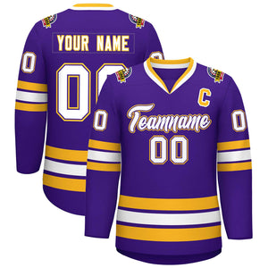 Custom Purple White Purple-Gold Classic Style Hockey Jersey