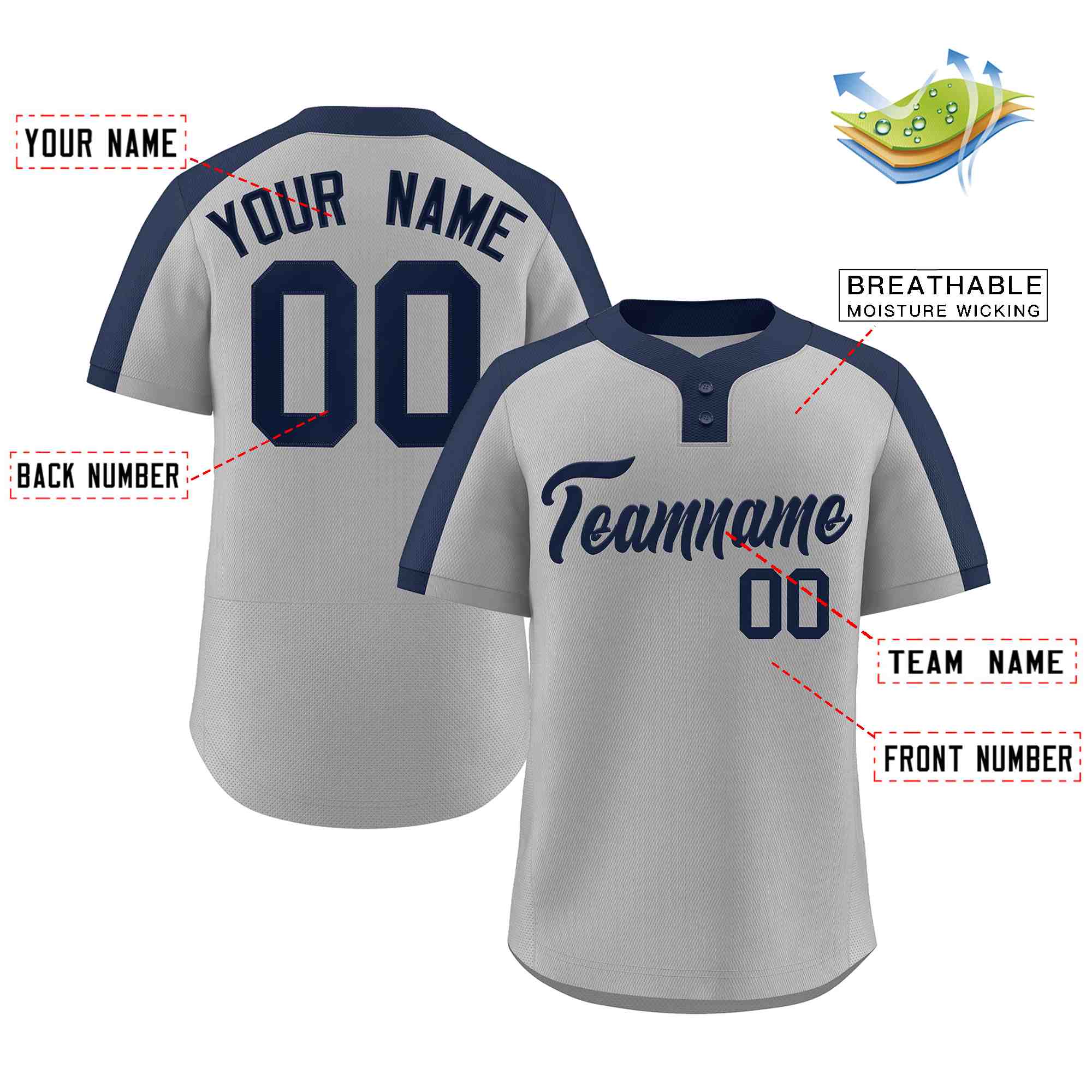 Maillot de baseball authentique à deux boutons de style classique gris marine personnalisé