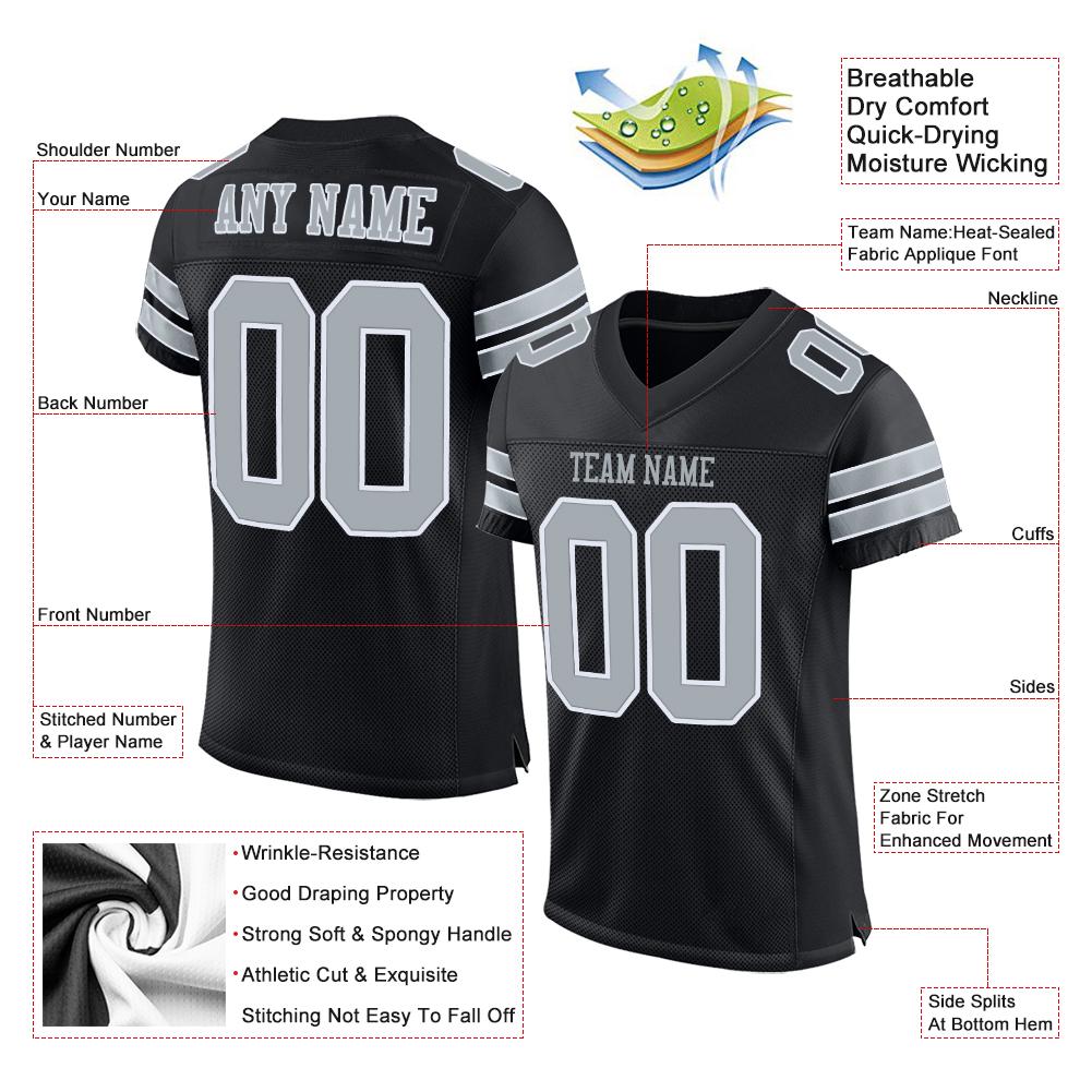 Custom Black Silver-White Classic Style Mesh Authentic Football Jersey