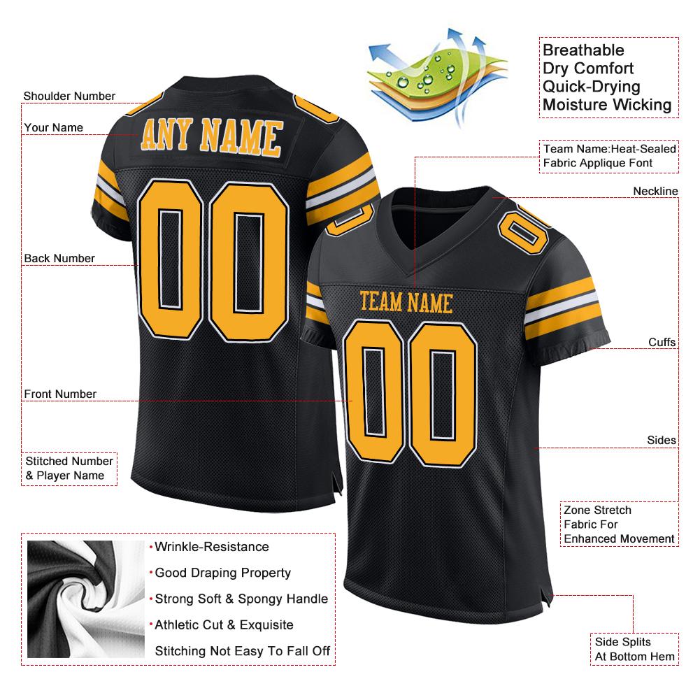 Custom Black Gold-White Classic Style Mesh Authentic Football Jersey